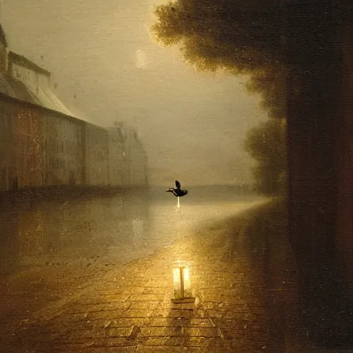 Image similar to lonely duck under a street light by august friedrich schenck, oil painting, close - up