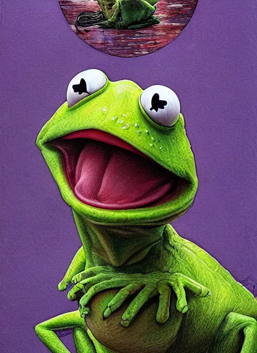Prompt: portrait of Kermit the frog from The Exorcist (1973), intricate, highly detailed, centered, digital painting, artstation, concept art, smooth, sharp focus, decayed, illustration, artgerm, donato giancola, Joseph Christian Leyendecker, WLOP, Artgerm