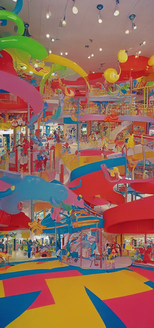 Prompt: the interior of a colorful dr. seuss - themed 1 9 8 0 s mall with mall - goers