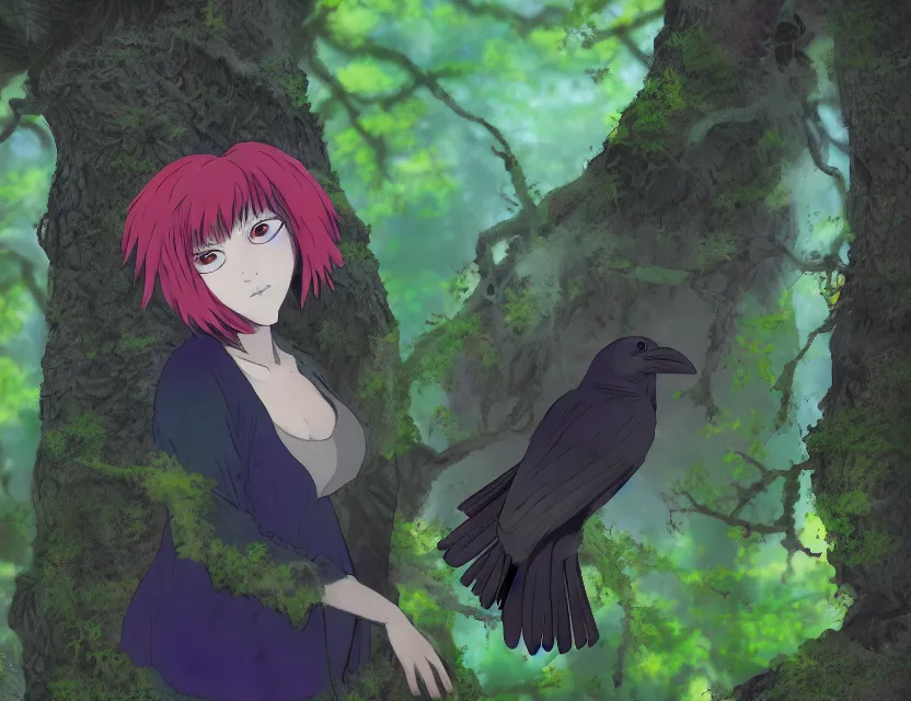 Prompt: female raven yokai in the lichen woods. safe for work, complementary colors, anime still, luminescent, 4 k, chiaroscuro, rimlight.