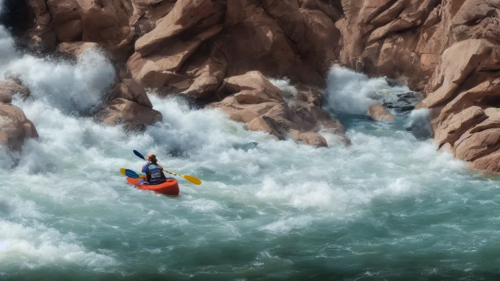 Prompt: a pair of kayakers shoot the rapids in the Colorado river, crashing waves, matte painting, wide shot, photorealistic, 4k