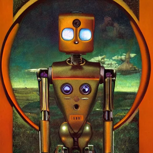 Image similar to A colorful, detailed print - A portrait of a robot standing in a field. by Arnold Bocklin and Barclay Shaw, masterful print. 4k, unreal engine stunning Art Nouveau