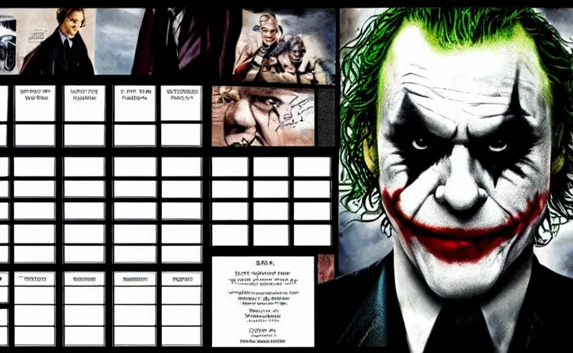 Image similar to joker played by heath ledger from the dark knight ( 2 0 0 8 ) by christopher nolan, character sheet