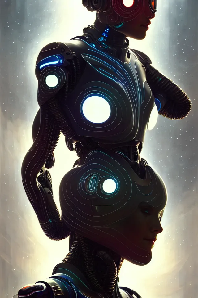 Prompt: Symmetry portrait of cyborg, sci-fi armour, tech wear, cables, glowing lights, sci-fi, intricate, elegant, highly detailed, digital painting, artstation, concept art, smooth, sharp focus, illustration, art by artgerm and greg rutkowski and alphonse mucha