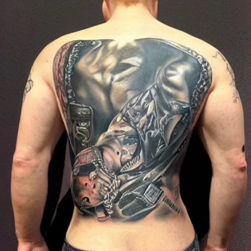 Image similar to photorealistic painting of a picture of my new back tattoo of chris redfield by tom of finland