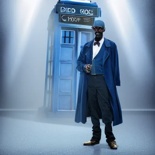 Image similar to snoop dogg as a rough dirty old man with a scruffy beard in a dark blue trenchcoat as the new doctor who, cinematic, volumetric lighting, f 8 aperture, cinematic eastman 5 3 8 4 film, photorealistic