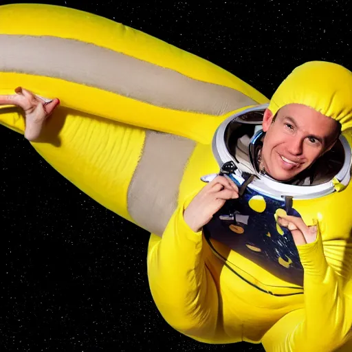 Prompt: man floating in space wearing a banana costume