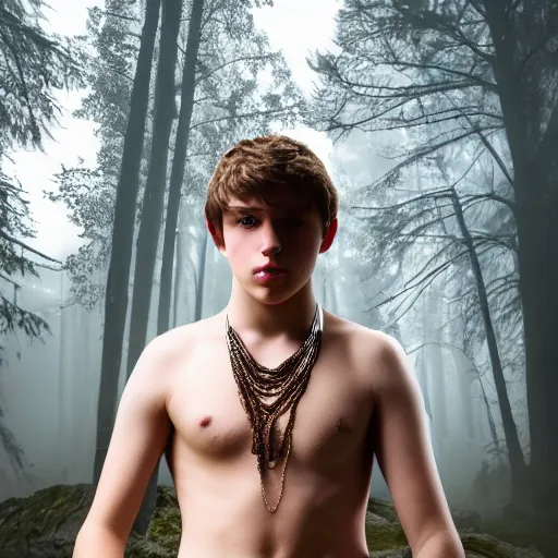 Image similar to a teenage boy, around 1 9 yo. necklace. natural brown hair. loincloth, pale skin, looking around. detailed face. ominous and eerie looking forest in background. natural colors. realistic photo. 8 k