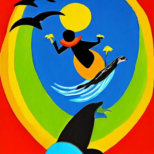 Image similar to the grim reaper riding a dolphin that is jumping over a rainbow, by mary blair,