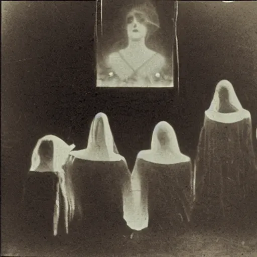 Prompt: creepy 1920 photo taken during a séance showing a spirit medium manifesting ectoplasm