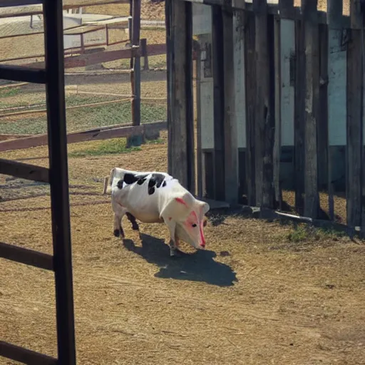 Prompt: cow running from a cage to a freedom light