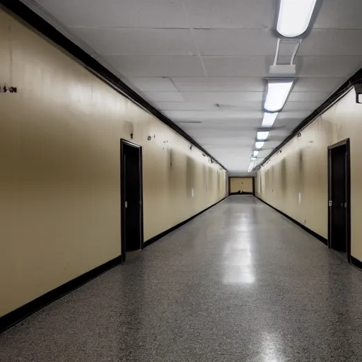 Image similar to the interior of an empty school hallway, small, cramped, dim fluorescent lighting