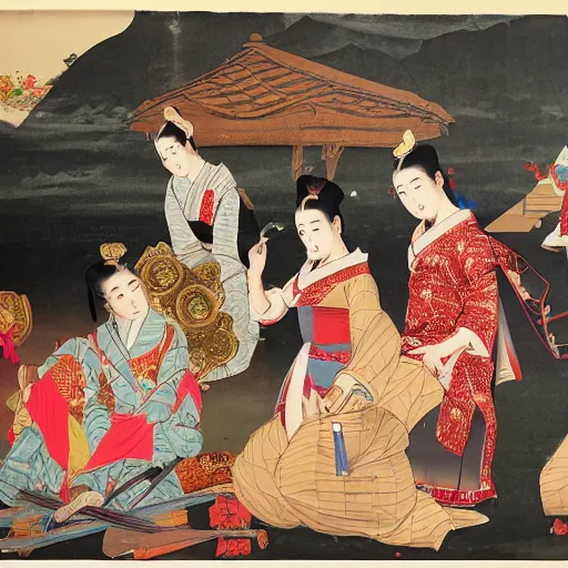 Image similar to jendral sudirman, utamaro kitagawa and raden saleh style