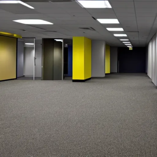 Image similar to liminal office space with walls and carpeting with a monochromatic tone of yellow, fluorescent lights