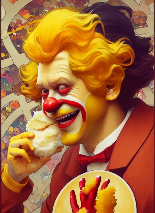 Prompt: close up portrait of ronald mcdonald, yellow jumper with white collar, fries and chicken nuggets swirling by artgerm, cushart krenz, greg rutkowski, mucha. art nouveau. gloomhaven, golden arches logo, pale colors, sharp edges. ultra clear detailed. 8 k. elegant, intricate, octane render