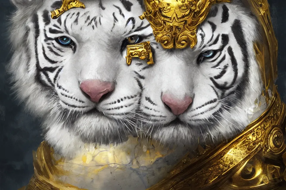 Image similar to artwork of a white tiger king with gold crown and blue king suit, concept art, portrait, super detailed, 4 k hd, trending on artstation, digital painted, low contrast, made by greg rutkowski and viktoria gavrilenko