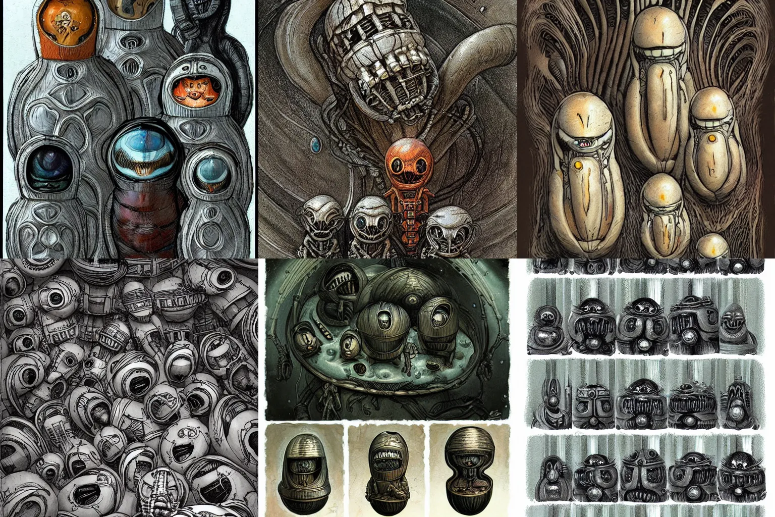 Prompt: xenomorph nesting dolls, by h. r. giger and tony sandoval.