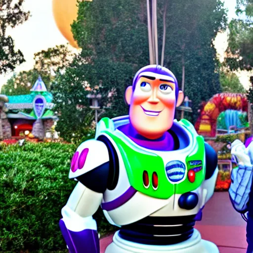 Prompt: buzz lightyear and woody in disneyland