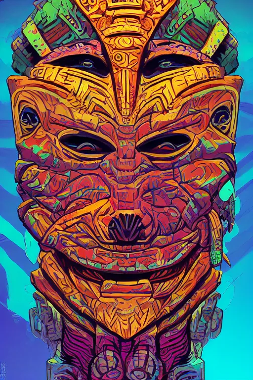 Image similar to totem animal tribal chaman vodoo mask feather gemstone plant wood rock video game illustration vivid color borderlands by josan gonzales and dan mumford radiating a glowing aura