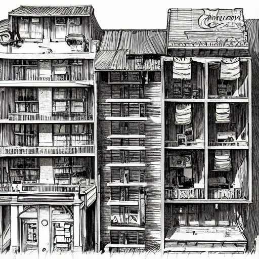 Prompt: cutaway drawing of an inn by Makoto shinkai, Geoff darrow