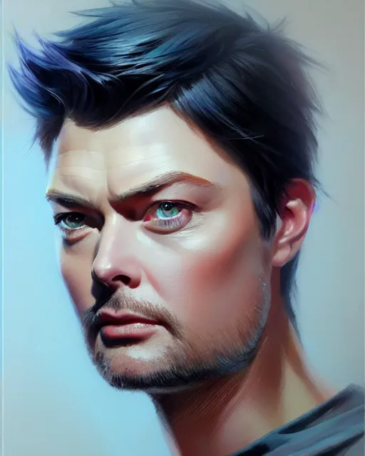 Image similar to karl urban!, audrey plaza, realistic shaded perfect face, fine details. anime. magali villeneuve, artgerm, jeremy lipkin and michael garmash and rob rey, ilya kuvshynov