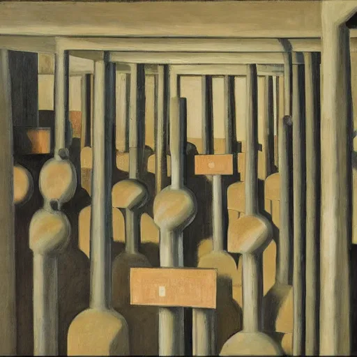 Image similar to first person view of a stark concrete maze, soy sauce brewery, grant wood, pj crook, edward hopper, oil on canvas