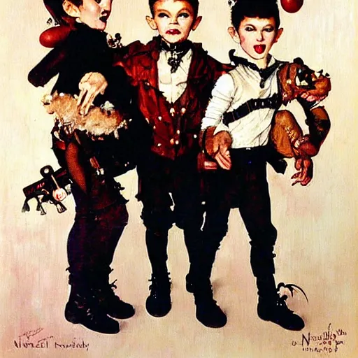 Image similar to Group portrait of a small punk vampire gang. Painting by Norman Rockwell.