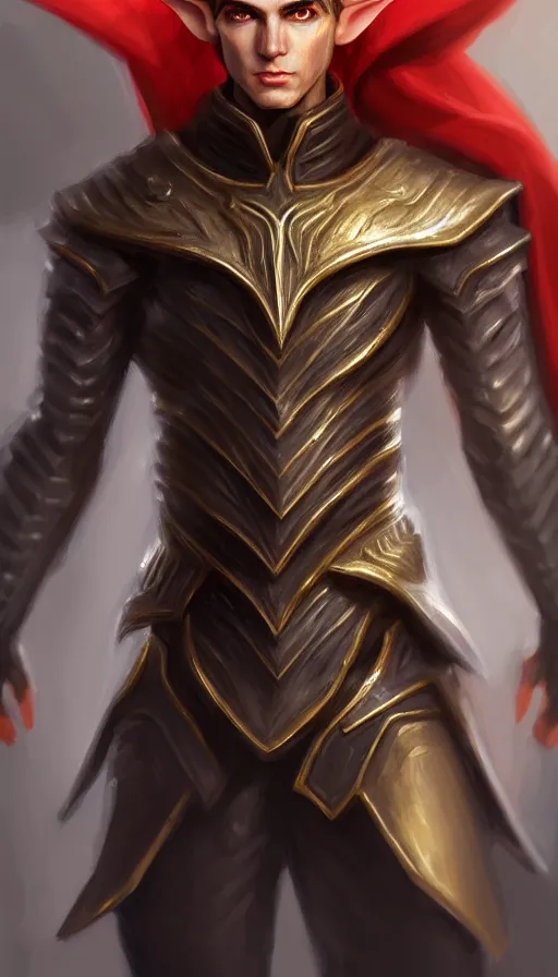 Image similar to A medium shot portrait of a male elf, he is about 20 years old, attractive, lean but muscular, serious composure, short silver hair, prideful look, he is wearing black heavy armor with gold plating and a red cape, highly detailed portrait, digital painting, ArtStation, concept art, smooth, sharp focus illustration