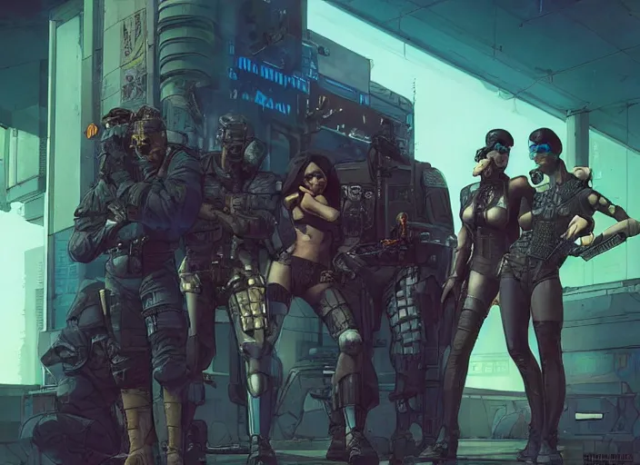 Image similar to cyberpunk mercenary team. portrait by stonehouse and mœbius and will eisner and gil elvgren and pixar. character design. realistic proportions. cyberpunk 2 0 7 7 character art, blade runner 2 0 4 9 concept art. cel shading. attractive face. thick lines. the team. diverse characters. artstationhq.