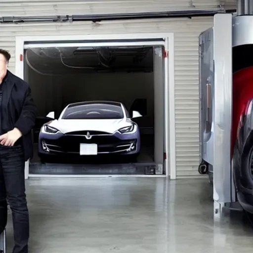 Image similar to elon musk breaking his tesla in his garage the background is the view of 3 tesla