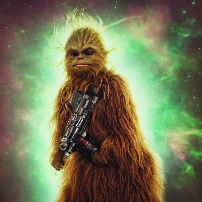 Image similar to chewbacca yoda hybrid from star wars, high quality portrait photoshoot, bokeh, studio lighting, high fashion photoshoot, nebula space background, 8 k