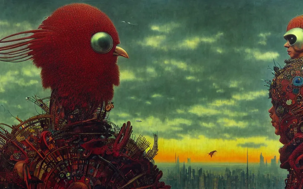 Image similar to realistic detailed portrait movie shot of a birdman wearing dark ragged robes, futuristic city sunset landscape background by denis villeneuve, amano, yves tanguy, alphonse mucha, ernst haeckel, max ernst, roger dean, rich moody colours