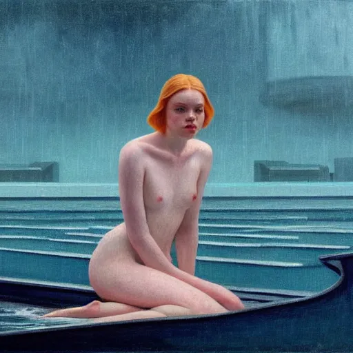 Image similar to Elle Fanning swimming at night in the world of Edward Hopper, stormy snowy weather, extremely detailed masterpiece, oil on canvas, low-key neon lighting, artstation, Blade Runner 2049, Roger Deakin’s cinematography, by J. C. Leyendecker and Peter Paul Rubens,