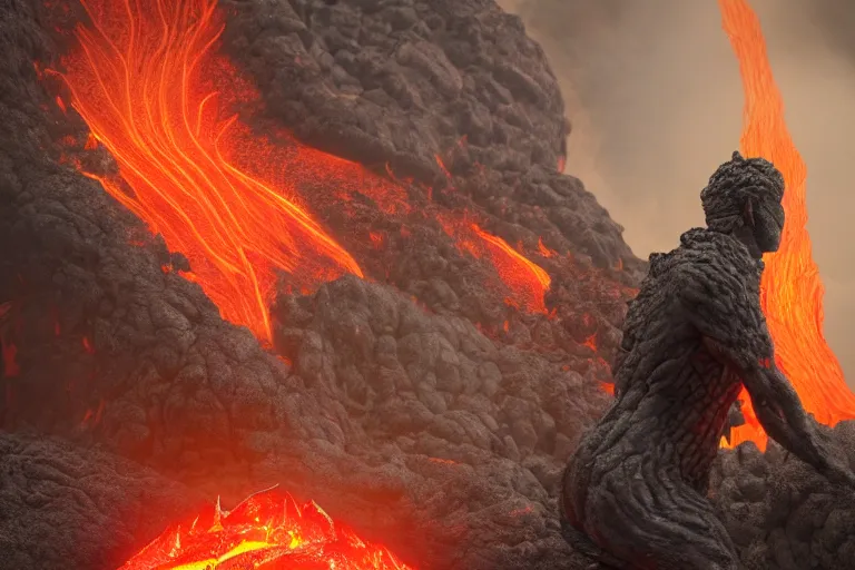 Image similar to a fire and lava god, in a volcano landscape, natural lighting, a small circle of flowers around him, very detailed, 8 k, by pre - raphelites, artstation