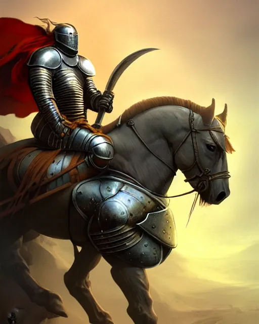 Image similar to a knight in armor on a thick strong horse by mike allred and frazetta and karol bak sharp digital painting. dreaming latent space. matte painting, concept art. artstation. digital render. realistic, 8 k