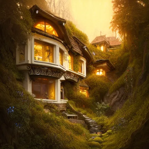 Image similar to small hillside house made of honey and milk, modern lighting, hyper - detailed, 8 k, octane rendered, art nouveau, organic, flowing, impossible torsion, writhing, dusk, lush, dynamic, in the style of ross tran and jean baptiste monge