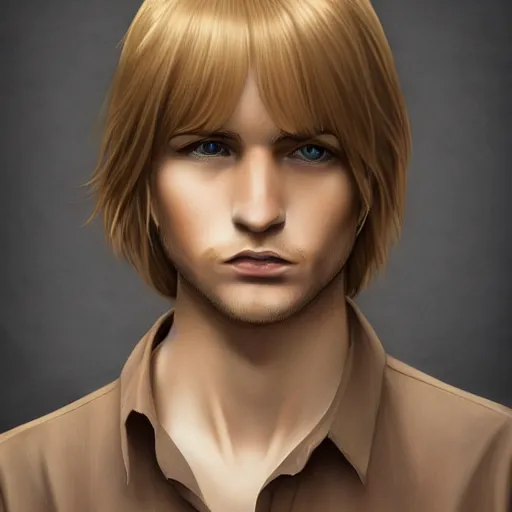 Image similar to a young blond man with long hair wearing a brown shirt, a character portrait by lydia field emmet, trending on cg society, photorealism, wiccan, handsome, ilya kuvshinov