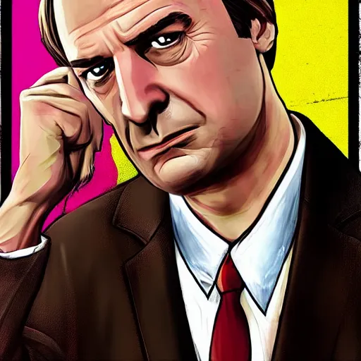 Image similar to Saul Goodman from Better Call Saul as a GTA character portrait, Grand Theft Auto, GTA cover art