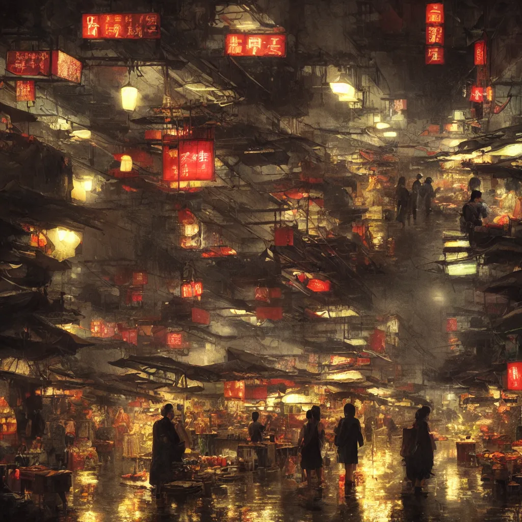 Image similar to an asian wet market at night, by greg rutkowski, cinematic lighting