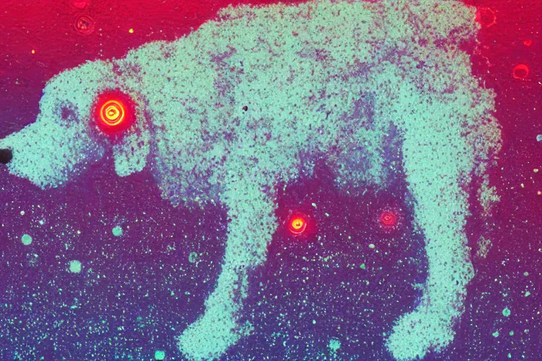 Prompt: an old white skinny labradoodle dog laying down on mars, misty, fog, red lighting, moonlight, bokeh, depth of field, synthwave, psychedelic, glitch, acrylic, flooko, detailed, cybernetic, sci-fi, glows,