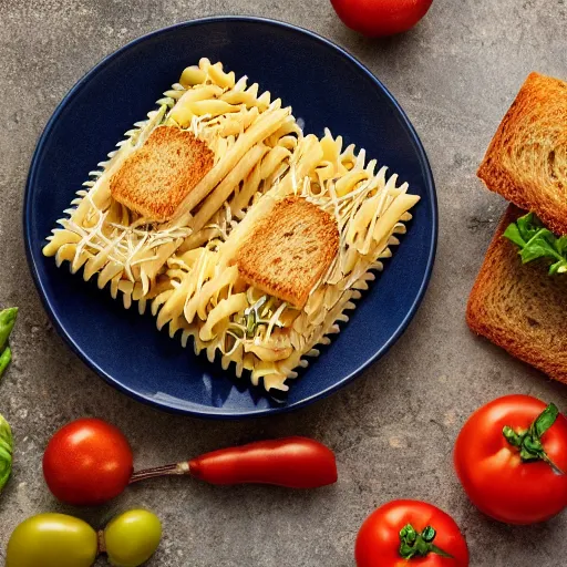 Image similar to photo of a pasta sandwich, professional, studio, marco, 4 k