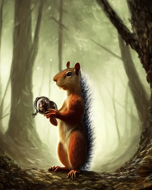 Image similar to Squirrel clothed, portrait, magic, forest background, magic the gathering artwork, D&D, fantasy, cinematic lighting, centered, symmetrical, highly detailed, digital painting, artstation, concept art, smooth, sharp focus, illustration, volumetric lighting, epic Composition, 8k, art by Akihiko Yoshida and Greg Rutkowski and Craig Mullins, oil painting, cgsociety