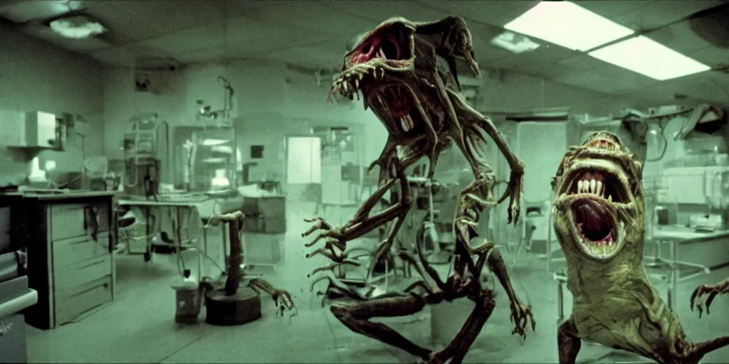 Image similar to a scary filmic wide shot color ground level angle movie still 35mm film photograph of the full body of a screaming and angry dangerous shape shifting alien creature, with multiple mutated snarling drooling human faces with a grotesque variety of human and animal limbs protruding from its lower torso inside of a 1970s science lab, neon lights, dirty, ektachrome photograph, volumetric lighting, f8 aperture, cinematic Eastman 5384 film