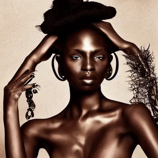 Prompt: black art, woman, beautiful, seductive, fashion editorial, realistic, intricate, detailed, sharp focus, photography, full body