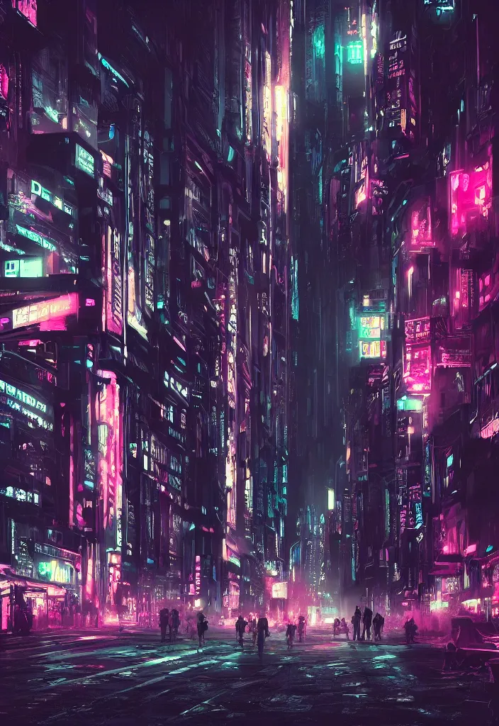 Image similar to concept art of a magnificent dark neon futuristic cyberpunk city bustling street at night cyberart in the style of liam wong, dramatic and moody, masterpiece, matte finish, 8 k, high resolution, film grain