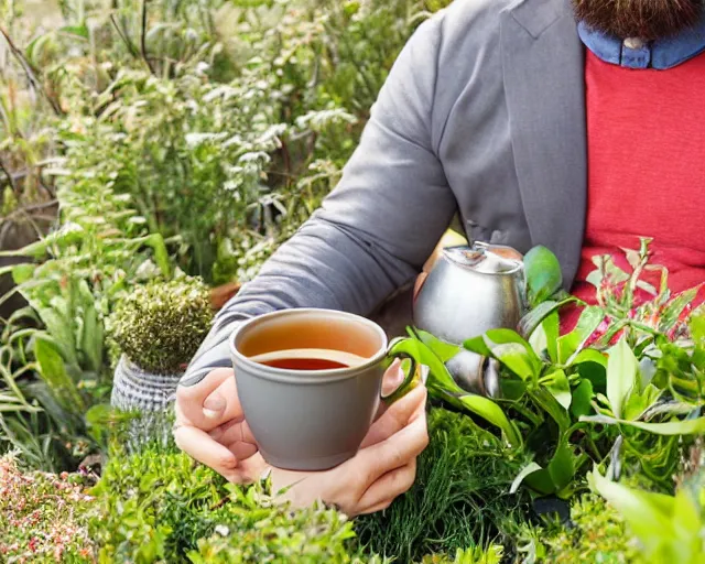 Image similar to mr robert is drinking fresh tea and meditate in a garden from spiral mug, detailed calm face, grey short beard, golden hour, red elegant shirt