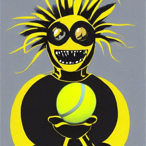 Image similar to a tennis ball monster dressed like a super hero, black and gold, digital art, fantasy, magic, chalk, trending on artstation, ultra detailed, professional illustration by basil gogos