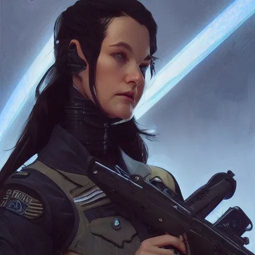 Image similar to woman dressed in scifi military uniform with black hair and blue eyes, elegant, digital illustration, detailed, intricate, sharp focus, digital painting, deep focus, digital painting, artstation, concept art, matte, art by artgerm and greg rutkowski and alphonse mucha