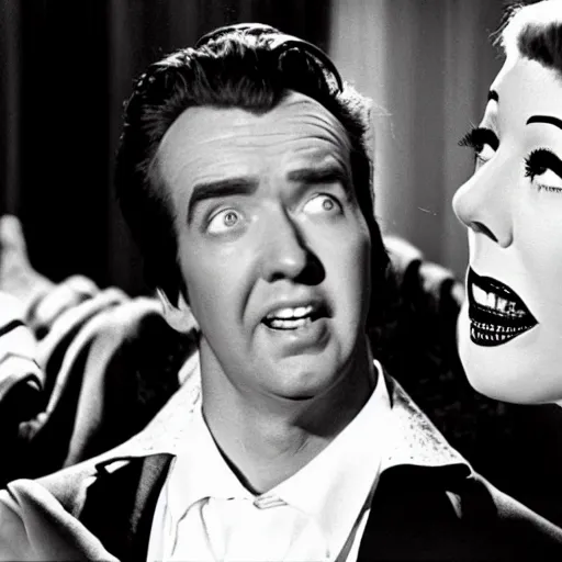 Image similar to scene from the horror picture show with james stewart!!!! james stewart!!!! is acting surprised