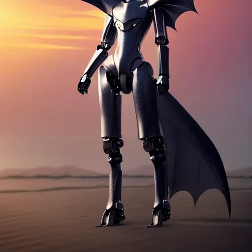 Image similar to full body shot, realistic detailed stunning beautiful anthropomorphic robot mechanical female dragon, doing an elegant pose with hand on hip, looking to the side, sleek streamlined armor and design, sharp claws, sleek head, long tail, standing on two legs, wearing a hooded cloak that blows in the wind from behind her, on the beach during sunset, high quality, cinematic art, sunset lighting, artstation, deviantart, furaffinity